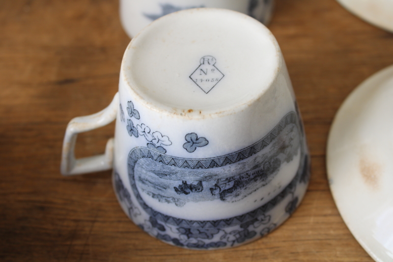 photo of Victorian antique tea cups & saucers Brownfield Woodlands blue birds transferware ironstone china  #16