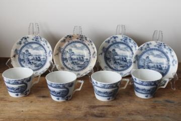 catalog photo of Victorian antique tea cups & saucers Brownfield Woodlands blue birds transferware ironstone china 