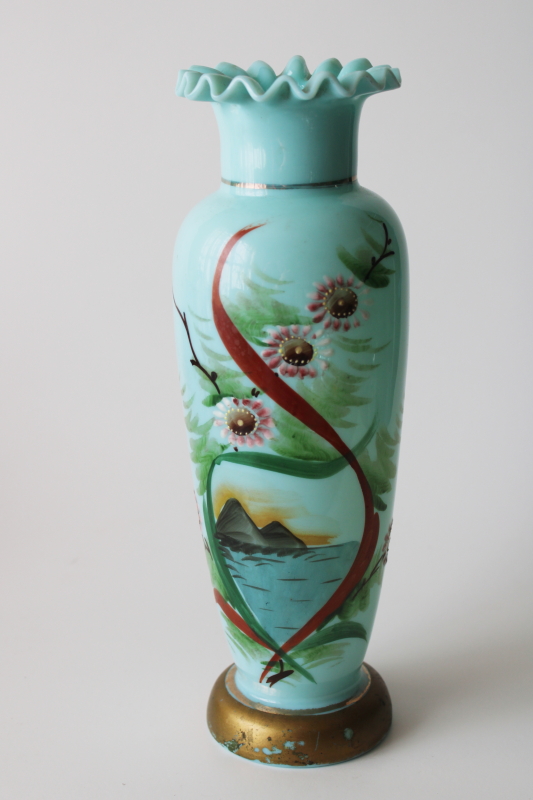 photo of Victorian antique turquoise blue opaline glass vase, hand blown glass w/ painted scene  #1