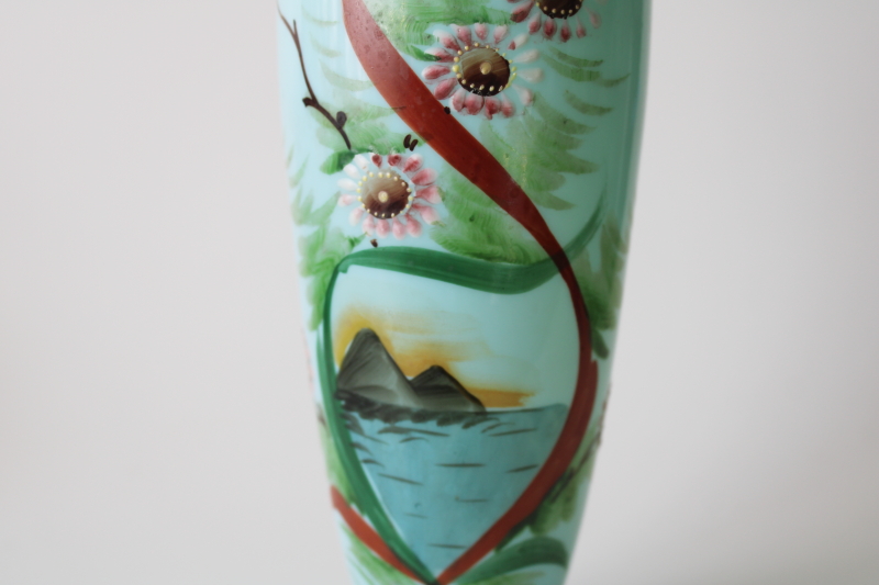 photo of Victorian antique turquoise blue opaline glass vase, hand blown glass w/ painted scene  #2