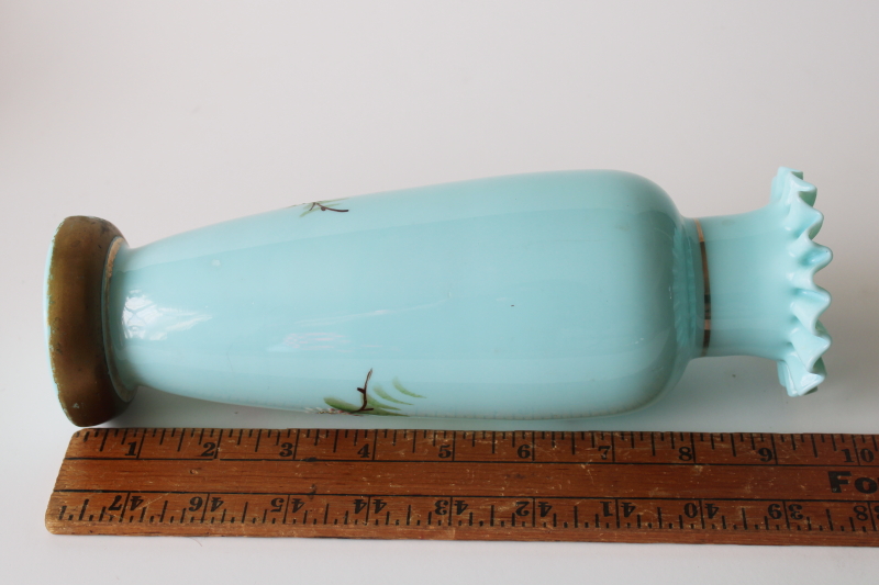 photo of Victorian antique turquoise blue opaline glass vase, hand blown glass w/ painted scene  #4