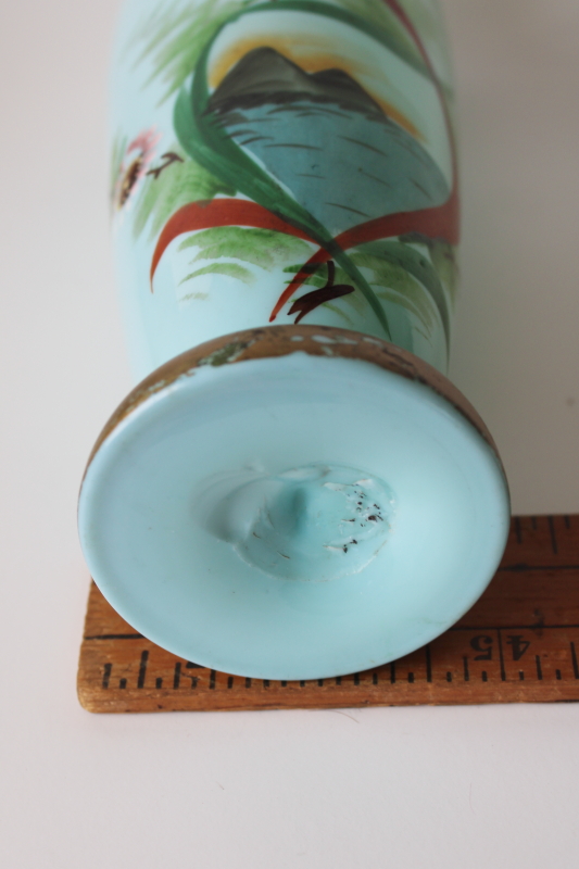 photo of Victorian antique turquoise blue opaline glass vase, hand blown glass w/ painted scene  #5