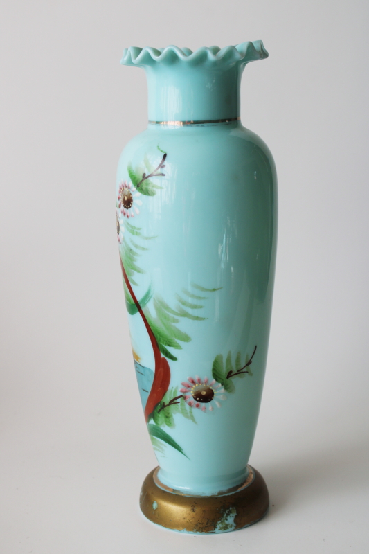 photo of Victorian antique turquoise blue opaline glass vase, hand blown glass w/ painted scene  #6