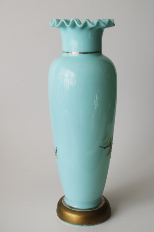 photo of Victorian antique turquoise blue opaline glass vase, hand blown glass w/ painted scene  #7