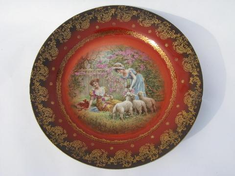 photo of Victorian antique vintage Royal Vienna china plate, pretty girls pastoral w/ lambs #1