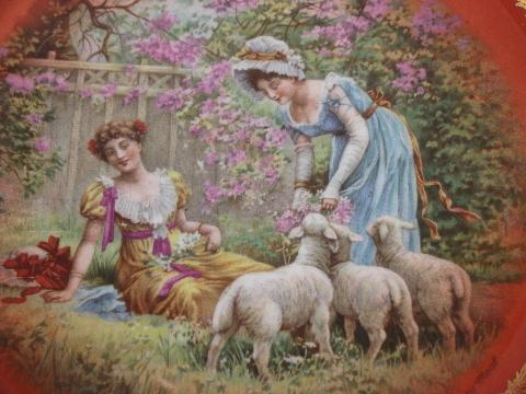 photo of Victorian antique vintage Royal Vienna china plate, pretty girls pastoral w/ lambs #2