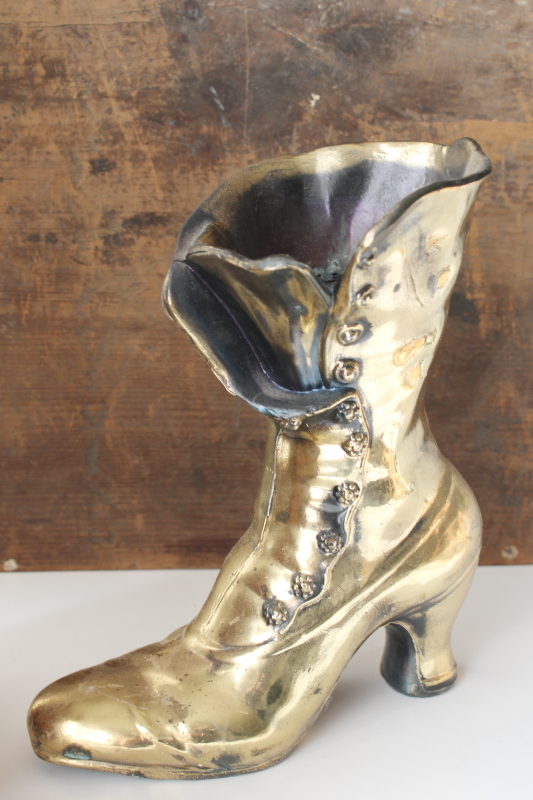 photo of Victorian boot vintage cast metal vase, tall high button ladies shoe w/ antiqued brass finish  #1