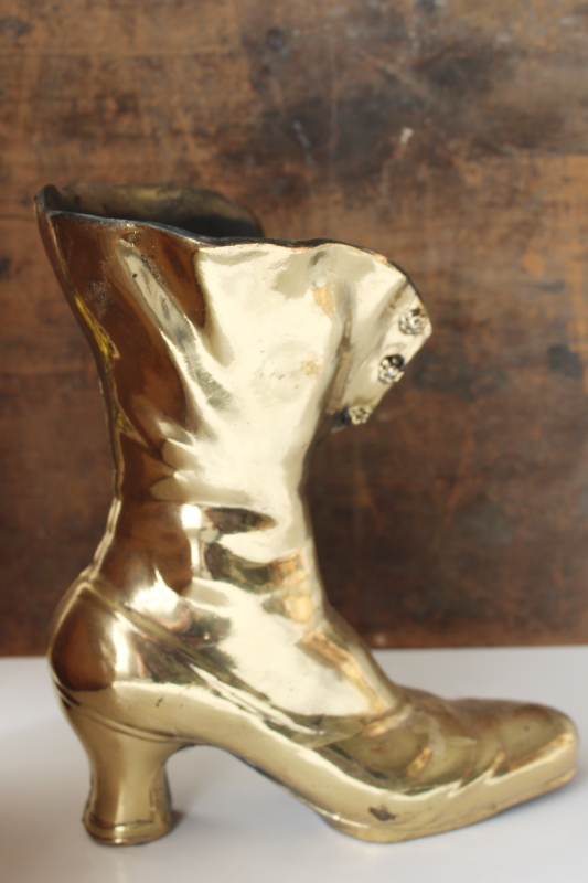 photo of Victorian boot vintage cast metal vase, tall high button ladies shoe w/ antiqued brass finish  #2