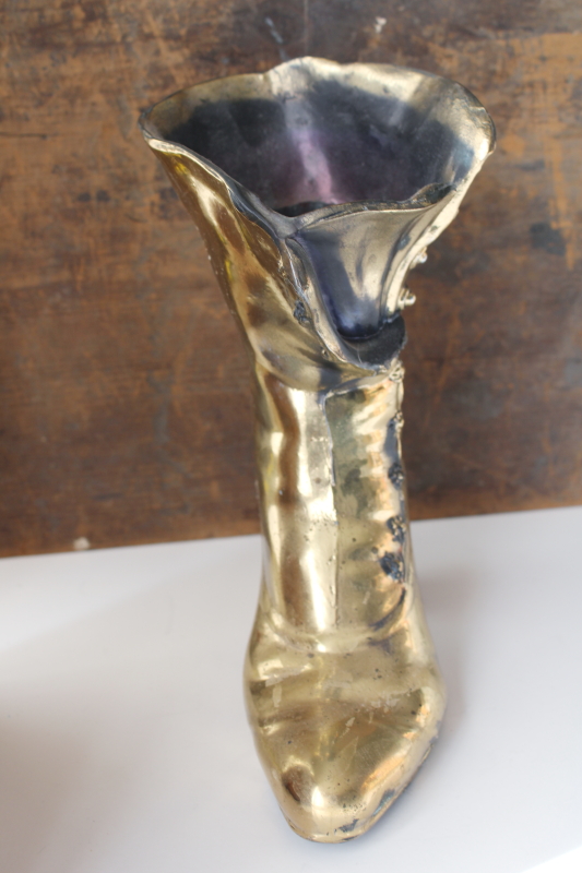 photo of Victorian boot vintage cast metal vase, tall high button ladies shoe w/ antiqued brass finish  #4