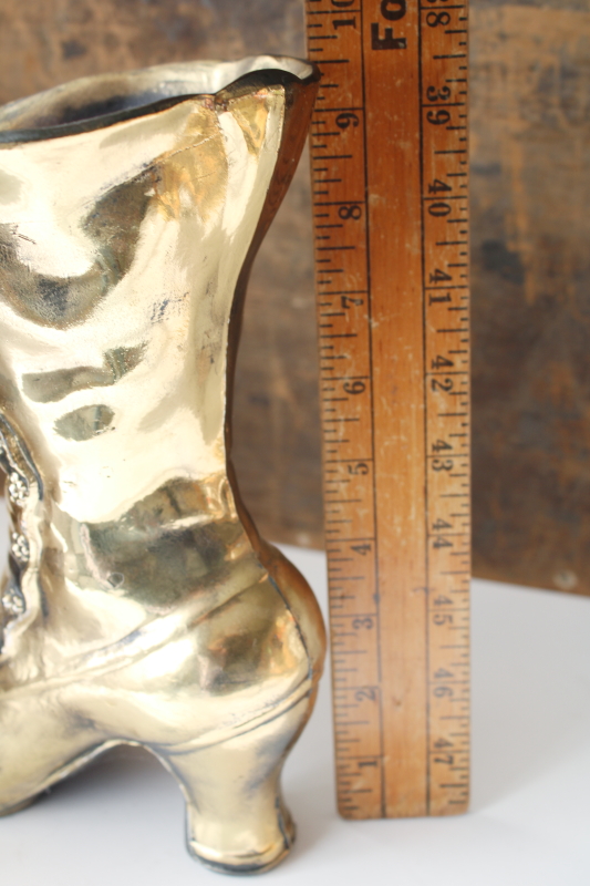 photo of Victorian boot vintage cast metal vase, tall high button ladies shoe w/ antiqued brass finish  #6