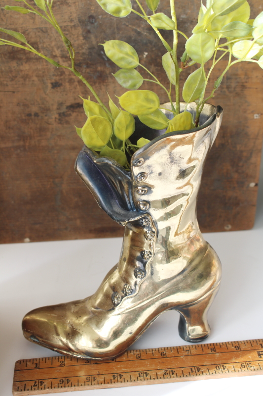 photo of Victorian boot vintage cast metal vase, tall high button ladies shoe w/ antiqued brass finish  #7