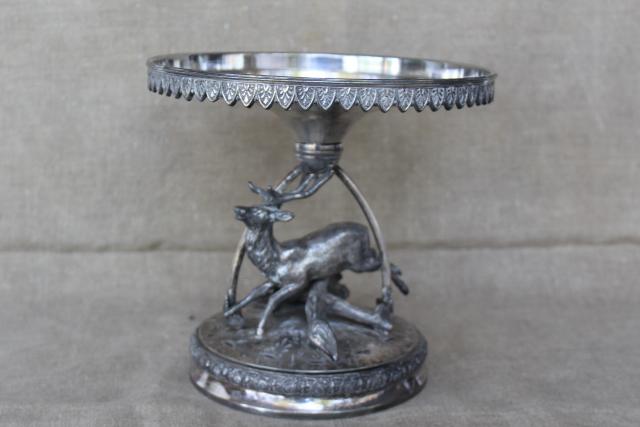 photo of Victorian era aesthetic vintage silver cake stand pedestal w/ stag deer, rustic wedding photo prop #1