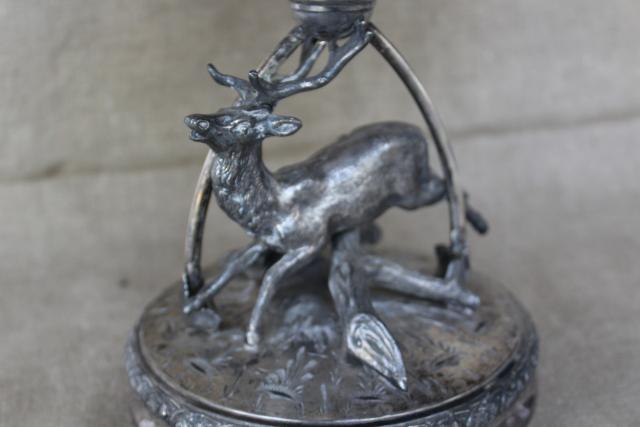 photo of Victorian era aesthetic vintage silver cake stand pedestal w/ stag deer, rustic wedding photo prop #2