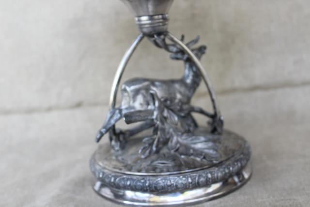 photo of Victorian era aesthetic vintage silver cake stand pedestal w/ stag deer, rustic wedding photo prop #6