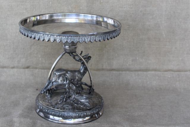 photo of Victorian era aesthetic vintage silver cake stand pedestal w/ stag deer, rustic wedding photo prop #7