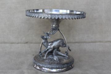 catalog photo of Victorian era aesthetic vintage silver cake stand pedestal w/ stag deer, rustic wedding photo prop