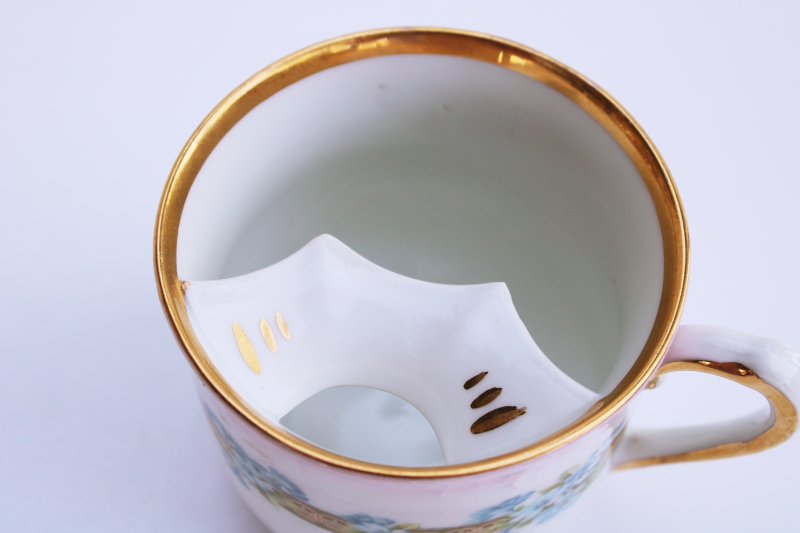 photo of Victorian era antique china mustache cup marked Germany, forget me nots floral on pink w/ gold #3