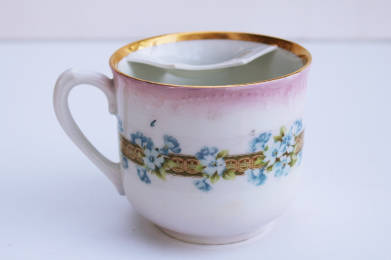 photo of Victorian era antique china mustache cup marked Germany, forget me nots floral on pink w/ gold #4