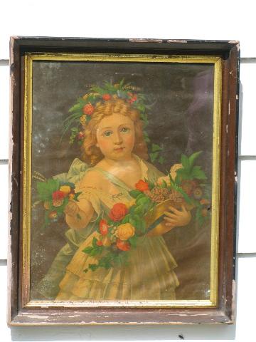 photo of Victorian era antique color litho print in original frame, little girl w/ flowers #1