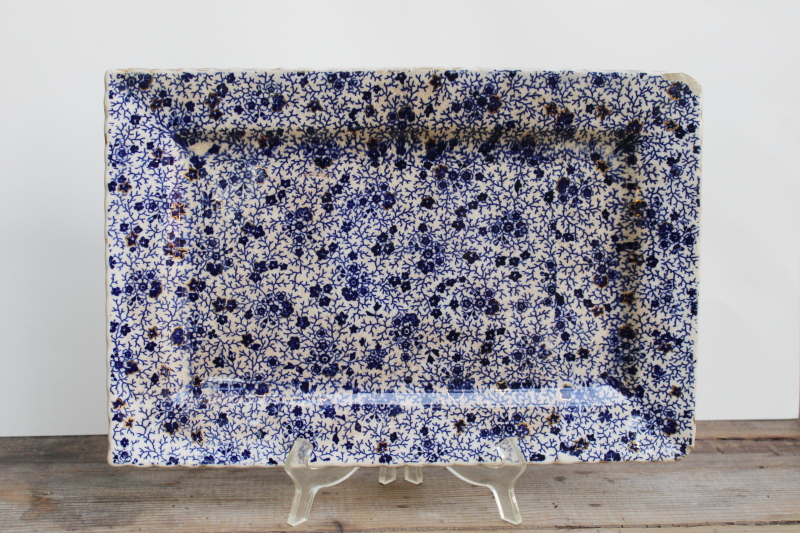 photo of Victorian era antique shabby stained ironstone china tray Burroughs & Mountford blue chintz floral w/ gold  #1