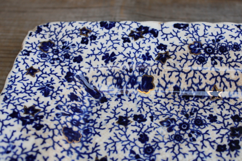photo of Victorian era antique shabby stained ironstone china tray Burroughs & Mountford blue chintz floral w/ gold  #6