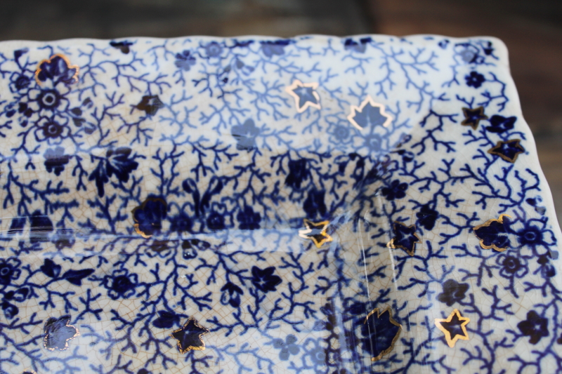 photo of Victorian era antique shabby stained ironstone china tray Burroughs & Mountford blue chintz floral w/ gold  #7