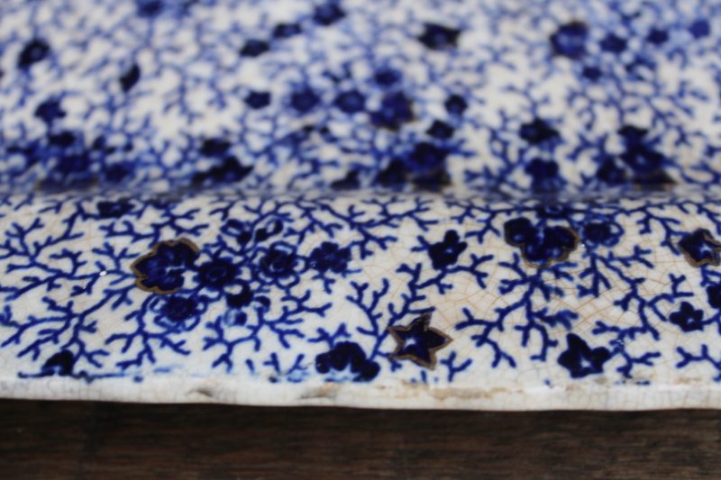 photo of Victorian era antique shabby stained ironstone china tray Burroughs & Mountford blue chintz floral w/ gold  #8