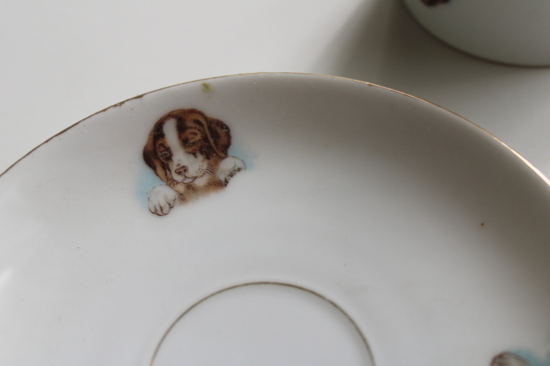 photo of Victorian era child's china cup & saucer, antique Germany porcelain w/ puppies & kitten print  #3