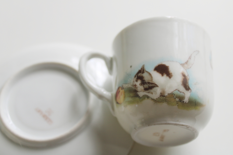 photo of Victorian era child's china cup & saucer, antique Germany porcelain w/ puppies & kitten print  #4