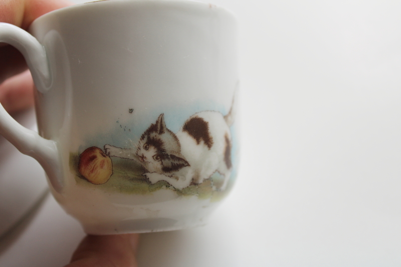 photo of Victorian era child's china cup & saucer, antique Germany porcelain w/ puppies & kitten print  #5