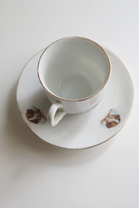 photo of Victorian era child's china cup & saucer, antique Germany porcelain w/ puppies & kitten print  #6