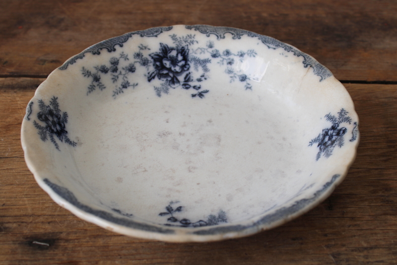 photo of Victorian era flow blue china bowl, shabby antique ironstone Cliff England Hudson pattern  #1