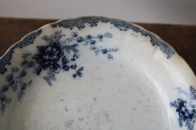 photo of Victorian era flow blue china bowl, shabby antique ironstone Cliff England Hudson pattern  #3