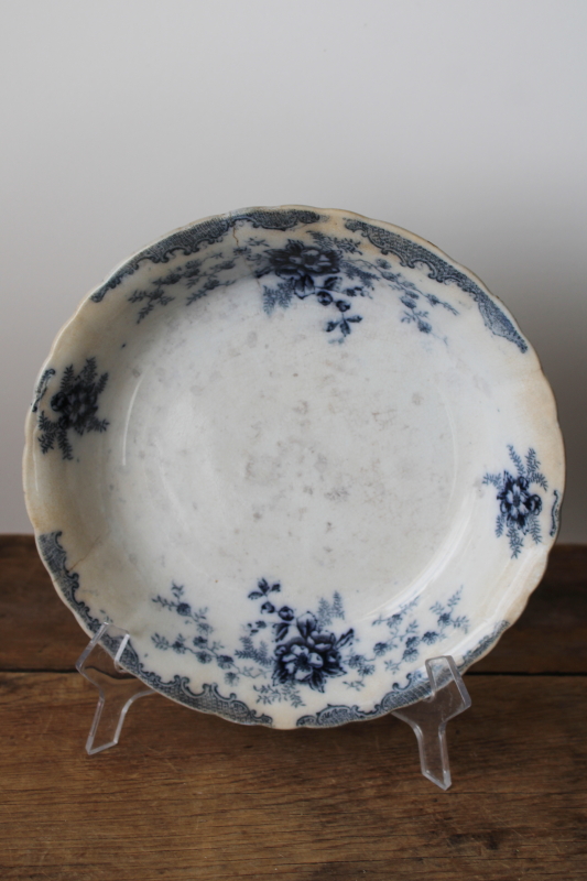 photo of Victorian era flow blue china bowl, shabby antique ironstone Cliff England Hudson pattern  #6