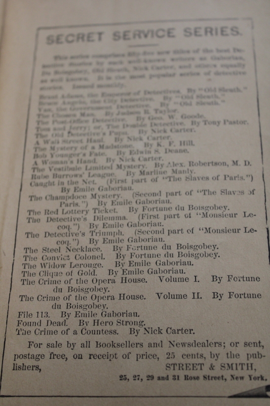 photo of Victorian era pulp novel, 1890s vintage soft cover Nick Carter mystery w/ ads for cocaine etc #6