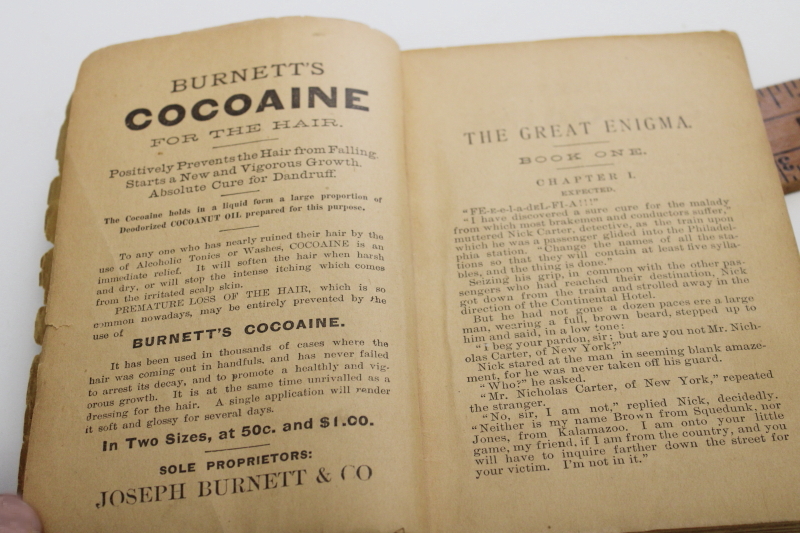 photo of Victorian era pulp novel, 1890s vintage soft cover Nick Carter mystery w/ ads for cocaine etc #7