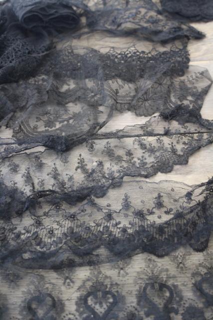 photo of Victorian mourning black lace & sewing trim, antique vintage edgings, flounces, ribbon #12