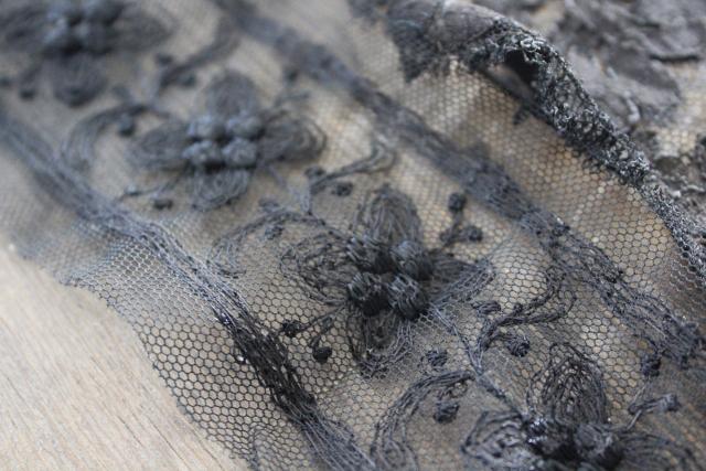 photo of Victorian mourning black lace & sewing trim, antique vintage edgings, flounces, ribbon #13