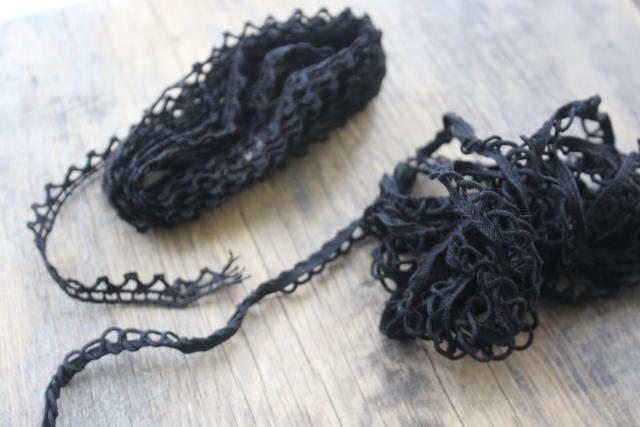 photo of Victorian mourning black lace & sewing trim, antique vintage edgings, flounces, ribbon #25