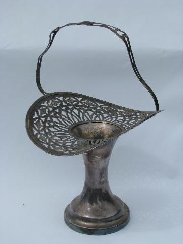 photo of Victorian silver brides basket, antique vintage silver plate vase, pierced lace edge #1