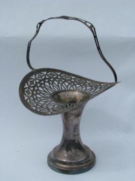 catalog photo of Victorian silver brides basket, antique vintage silver plate vase, pierced lace edge