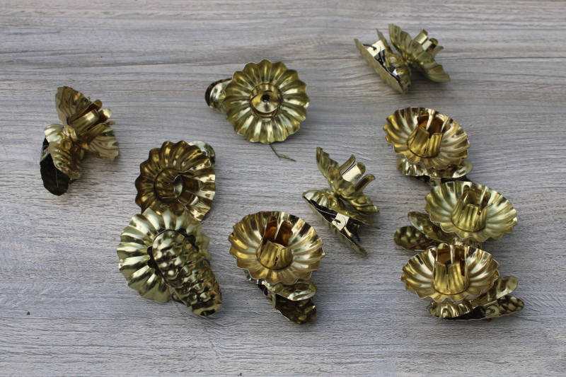 photo of Victorian style Christmas feather tree candle holders, vintage tin candle clips gold finish #1