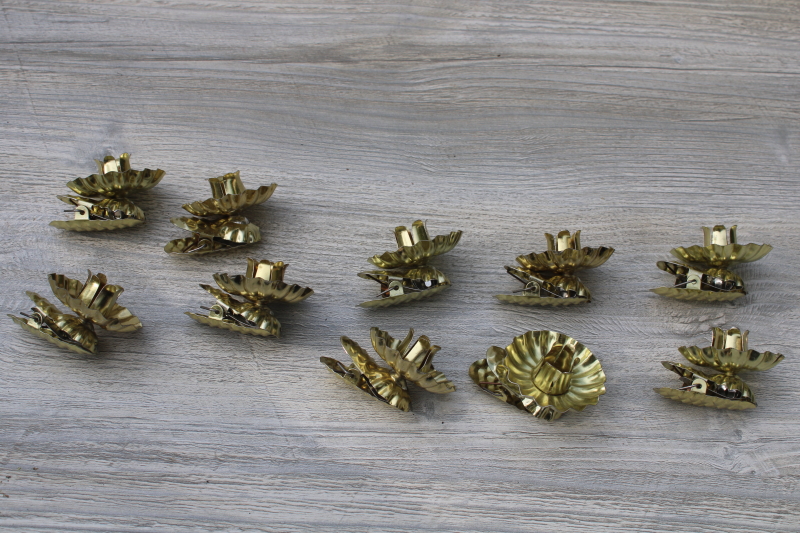 photo of Victorian style Christmas feather tree candle holders, vintage tin candle clips gold finish #2