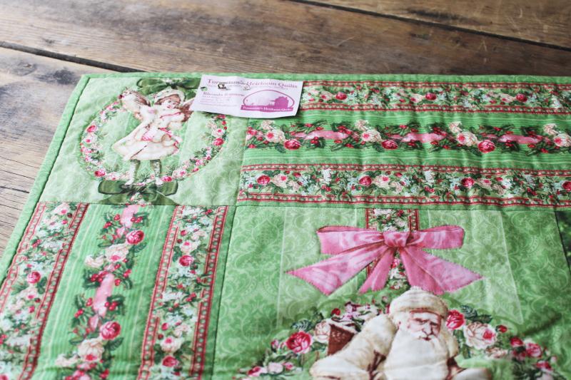 photo of Victorian style Christmas pink and green Santa Claus mini quilt, handmade quilted wall hanging #3