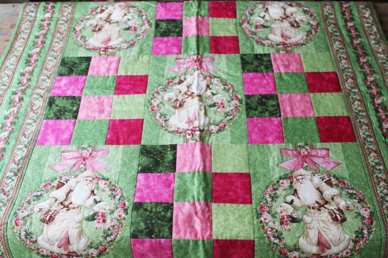 photo of Victorian style Christmas pink and green Santa Claus mini quilt, handmade quilted wall hanging #5
