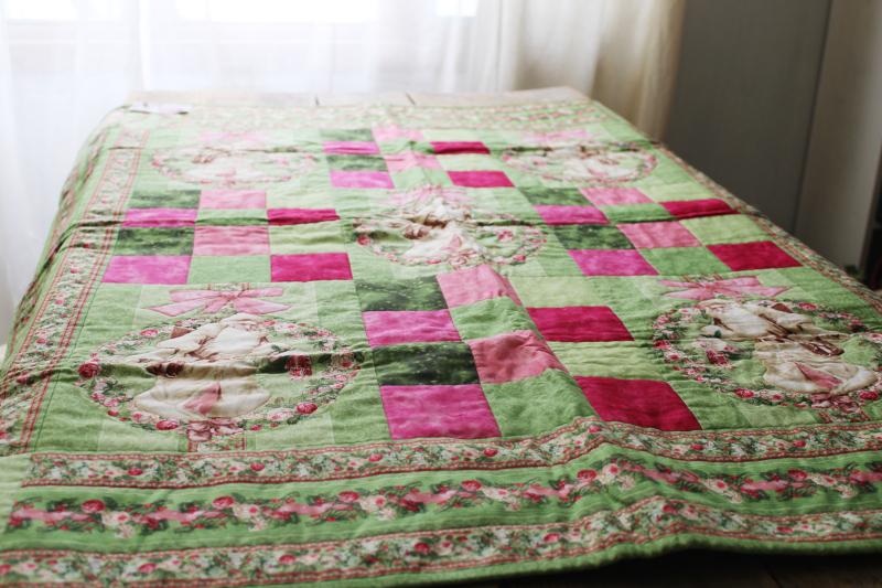 photo of Victorian style Christmas pink and green Santa Claus mini quilt, handmade quilted wall hanging #6