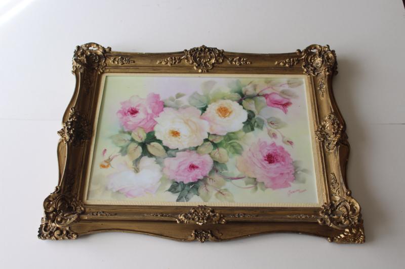 photo of Victorian style vintage ornate gold frame w/ hand painted old roses china picture #1