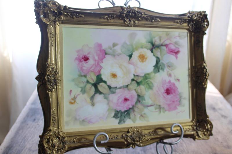 photo of Victorian style vintage ornate gold frame w/ hand painted old roses china picture #4