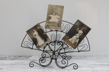 catalog photo of Victorian style wirework fan, easel stand to hold a collection of photos, vintage postcards