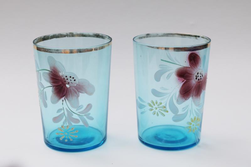 photo of Victorian vintage antique hand painted glass tumblers, blue glass water glasses #1